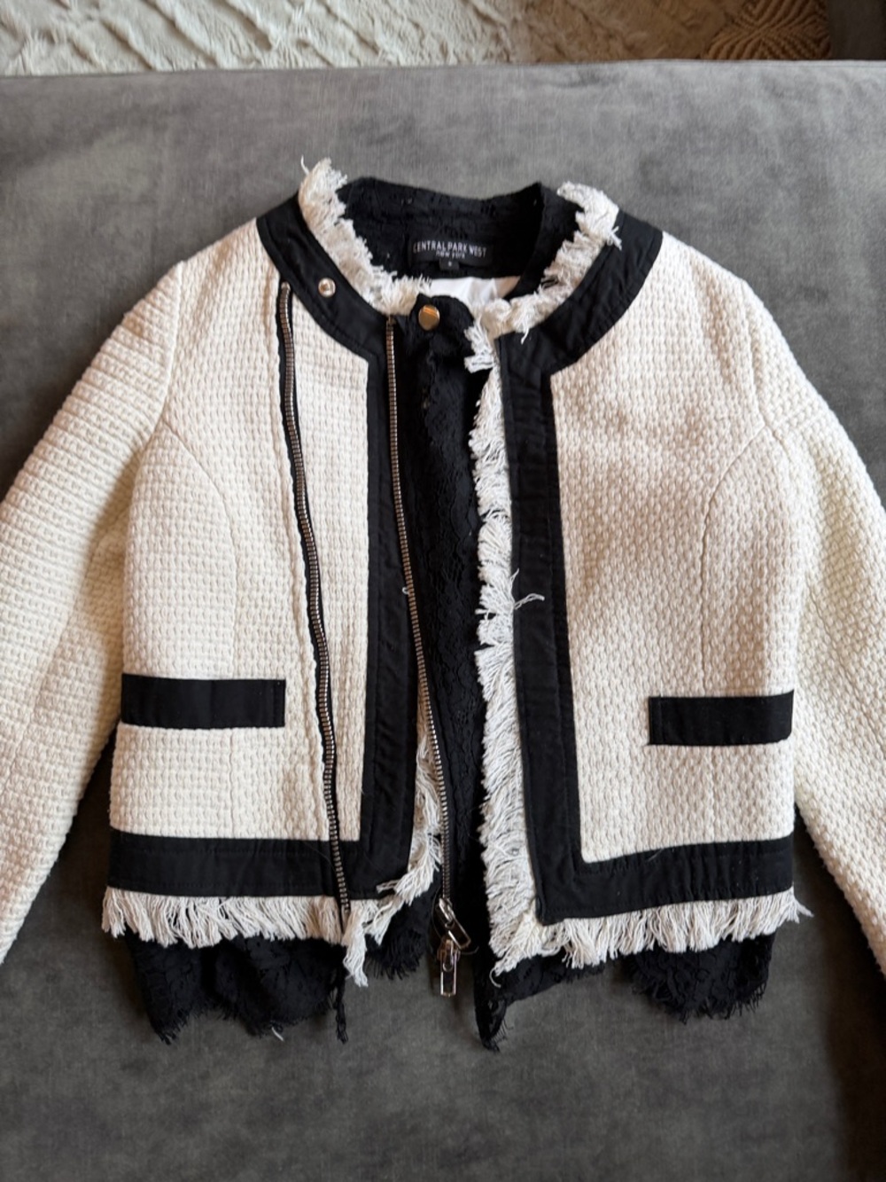 Central Park West Black & White Fringe and Lace Trimmed Blazer